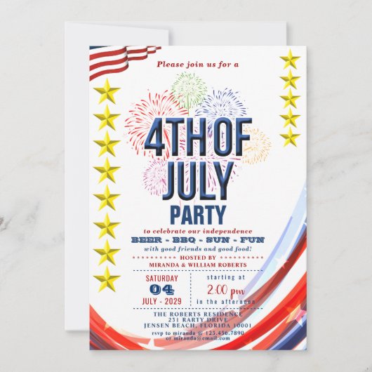 Sterren & Strepen met Vuurwerk 4 van Juli Feest Kaart (Voorkant)