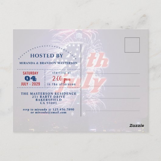 Sterren, Strepen, Vuurwerk 4 juli Uitnodiging (Achterkant)