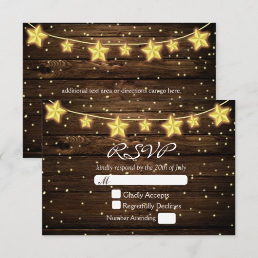 Sterren String Lights Rustic Wood Wedding RSVP Kaa (Voorkant / Achterkant)