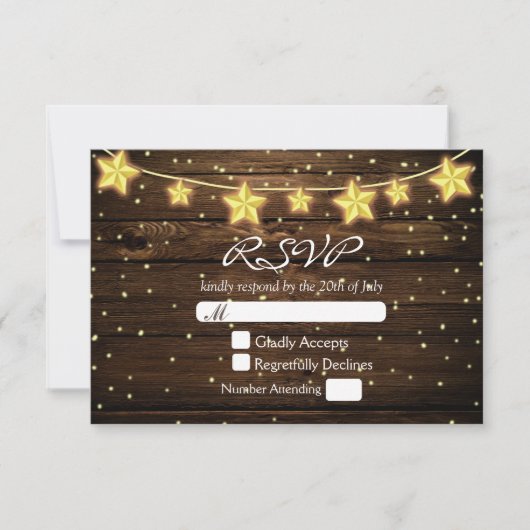 Sterren String Lights Rustic Wood Wedding RSVP Kaa Kaartje (Voorkant)