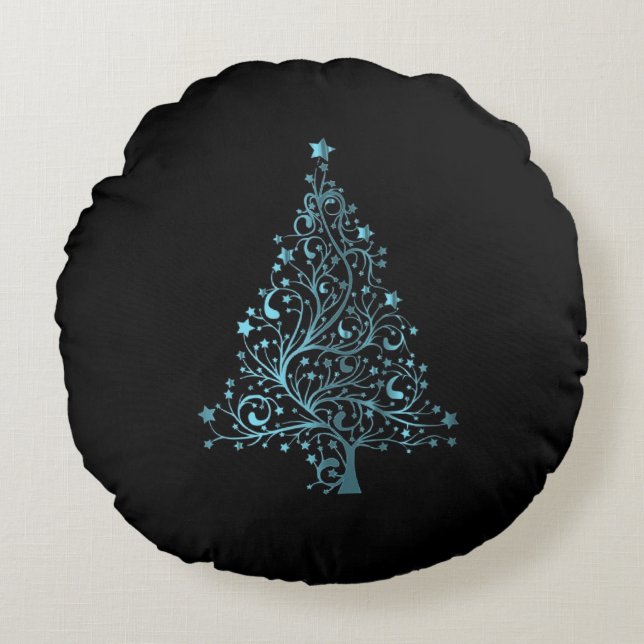 Sterren Vrolijk Kerstboom Zwart Blauw Elegant Rond Kussen (Voorkant)