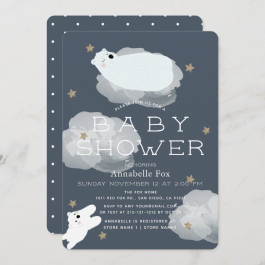 Sterren & Wolken Polar Beren Baby shower Invitatio Kaart (Voorkant / Achterkant)
