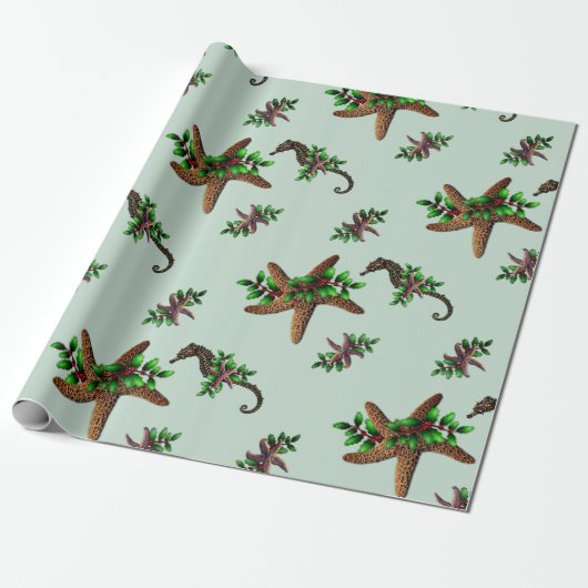 Sterren Zee Paarden Pattern Kerstmis Cadeaupapier (Uitgerold)