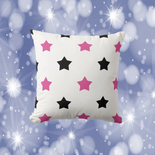 Sterren Zwart en Roze Patroon Wit Kussen