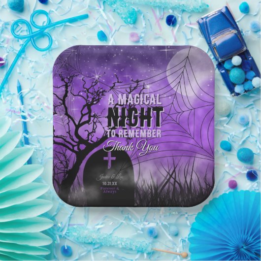 Sterrenachtige Paarse Gothic Graveyard Volle Maan Papieren Bordje (Feest)