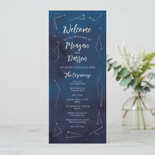 Sterrenbeeld Navy Trouwmenu Ceremonie Details Programmakaart (Staand voorkant)