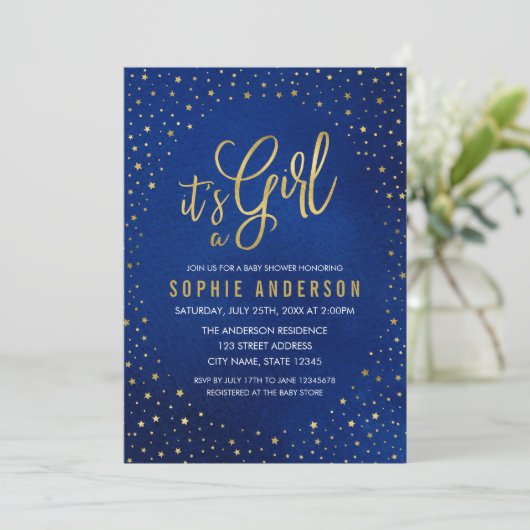 Sterrenblauw en roze Het is een Meisje Baby shower Kaart (Staand voorkant)