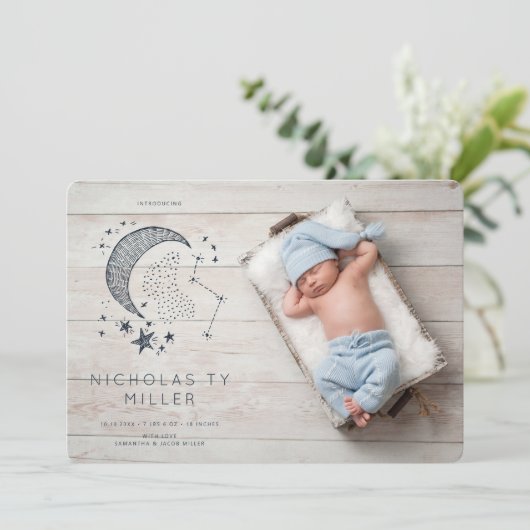 Sterrengestel Geboorteaankondiging Geschreven in d Kaart (Staand voorkant)