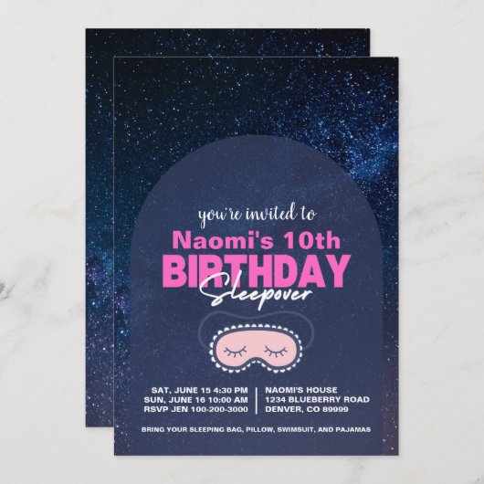 Sterrenhemel en Roze Verjaardag Sleepover Uitnodig Kaart (Voorkant / Achterkant)