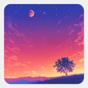 Sterrenhemel met rode maan en boom silhouet vierkante sticker