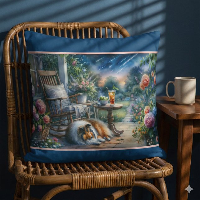 Sterrenhemel Tuin Veranda Sheltie Droom Kussen (Starlit Garden Porch Sheltie Dream Throw Pillow Mockup A)