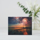 Sterrenhemel vuurwerk over strand briefkaart (Staand voorkant)