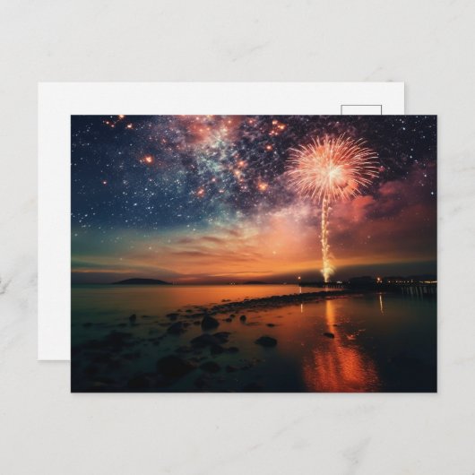 Sterrenhemel vuurwerk over strand briefkaart (Voorkant / Achterkant)