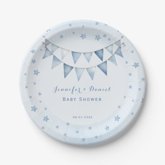 Sterrenlicht Blauw Schattige Baby shower Garland Papieren Bordje (Voorkant)