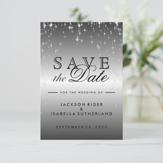 Sterrenlichtjes in Metaalzilver - Reserveer de dat Save The Date (Staand voorkant)