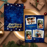 Sterrennacht 4 foto's Collage Merry Christmas Gold Folie Feestdagenkaart<br><div class="desc">Stuur feestelijke vrolijkheid met onze prachtige Sterrennacht 4 Foto's Collage Merry Christmas Gold Foil Vakantie Kaart! Deze kaart legt de vakantiedrang vast, met een oogverblindend digitaal effect van goudsterren op de achterkant, en een gouden sterren effect met echte folie (goudkleur) op de voorkant, een prachtige sterrennacht, en een prachtig "Merry...</div>