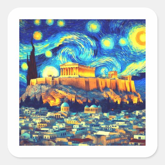 Sterrennacht Acropolis Athens Griekenland Vierkante Sticker (Voorkant)