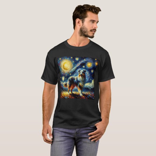 Sterrennacht Australian Shepherd Dog Van Gogh T-shirt (Voorkant volledig)