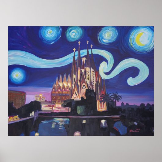 Sterrennacht Barcelona Sagrada Familia Poster (Voorkant)