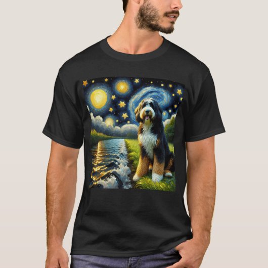 Sterrennacht Bernedoodle Hond Van Gogh Lover T-shirt (Voorkant)