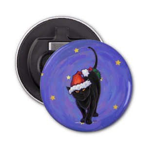 Sterrennacht Black Cat Kerstmis Button Flesopener