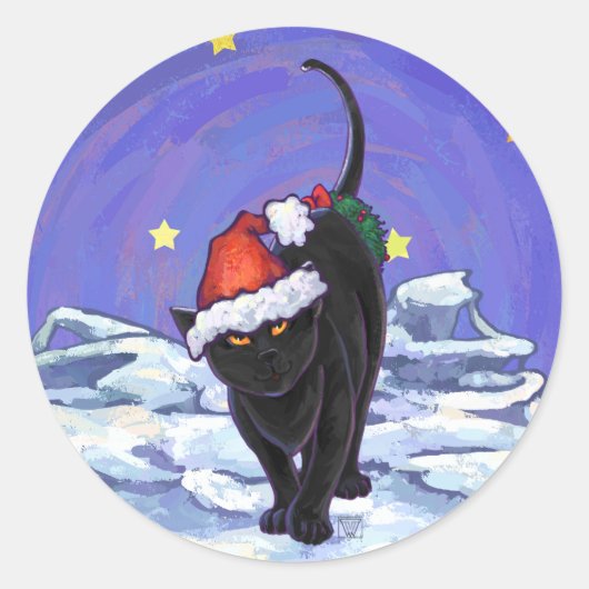 Sterrennacht Black Cat Kerstmis Ronde Sticker (Voorkant)
