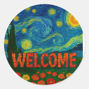 Sterrennacht Bloemrijke Welkomst Artistieke Ontwer Ronde Sticker