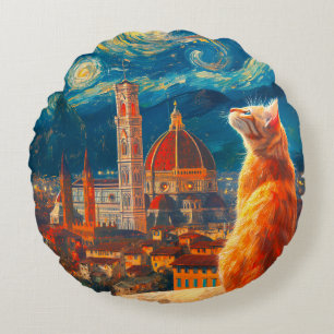 Sterrennacht boven Florence Ginger Cat Art Rond Kussen