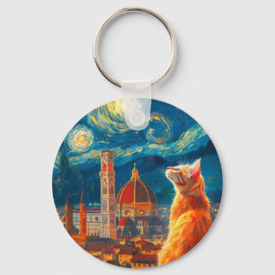 Sterrennacht boven Florence Ginger Cat Art Sleutelhanger
