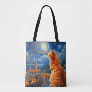 Sterrennacht boven Florence Ginger Cat Art Tote Bag