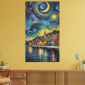 Sterrennacht boven het haven dorp canvas afdruk (Insitu (Woonkamer))