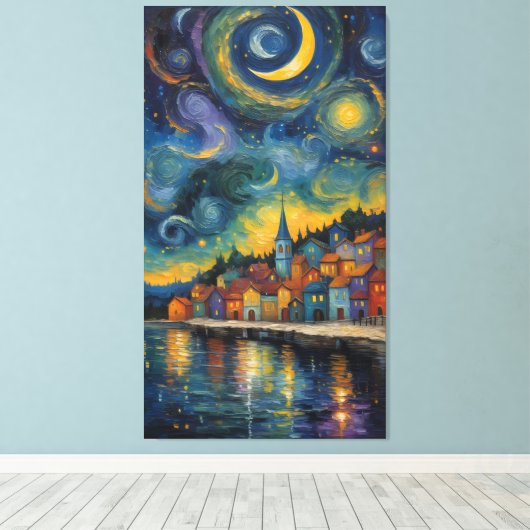 Sterrennacht boven het haven dorp canvas afdruk (Insitu (Houten vloer))
