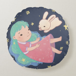 Sterrennacht Bunny & Girl illustratie Rond Kussen