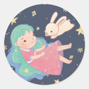 Sterrennacht Bunny & Girl illustratie Ronde Sticker