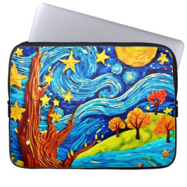 Sterrennacht Cartoon: Surrealisme geïnspireerd kun Laptop Sleeve
