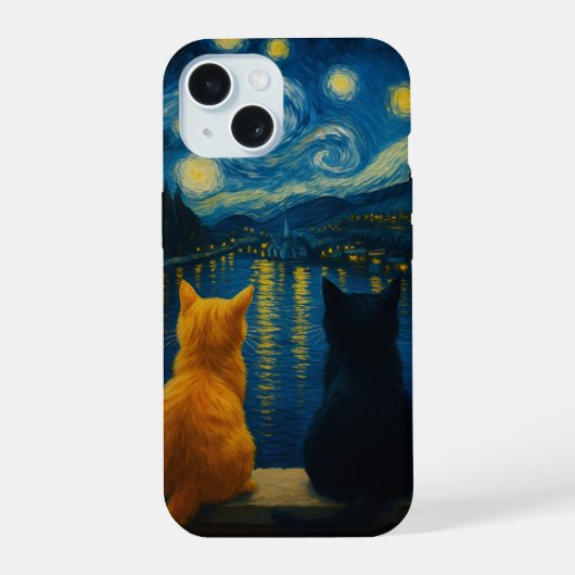 Sterrennacht Cats iPhone Case Peeking Zwart Kat iPhone 15 Case (Achterkant)