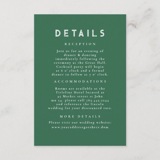 Sterrennacht Celestial Groen Goud Bruiloft Details Informatiekaartje (Voorkant)