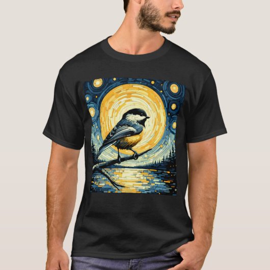 Sterrennacht Chickadee Van Gogh Vogelliefhebber T-shirt (Voorkant)