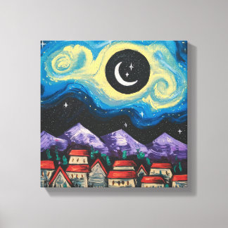 Sterrennacht Crescent Moon Over Village Art Print