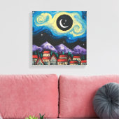 Sterrennacht Crescent Moon Over Village Art Print (Insitu (Woonkamer))