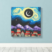 Sterrennacht Crescent Moon Over Village Art Print (Insitu (Houten vloer))