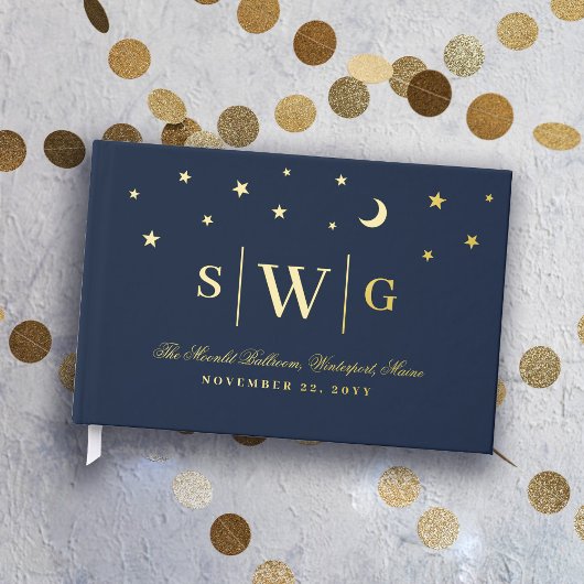 Sterrennacht Donkerblauw & Goud Monogram Huwelijk Gastenboek
