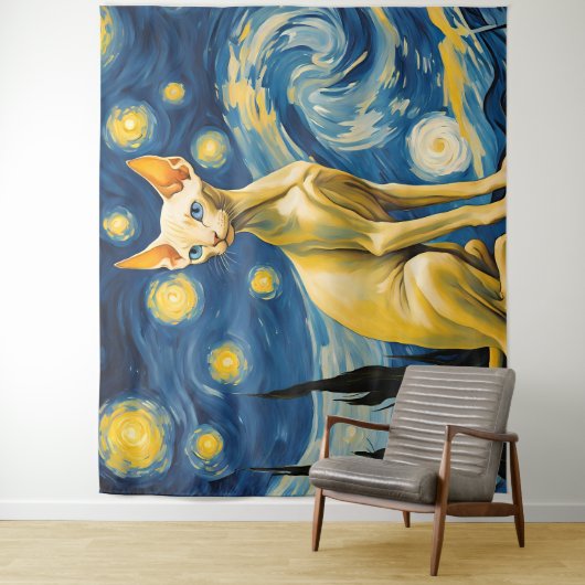 Sterrennacht Elf Sphynx Kattenmuur Art Decor Wandkleed (In situ)