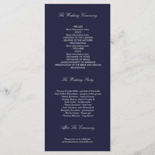 Sterrennacht en Gouden Maan Navy Trouwprogramma's Programmakaart (Achterkant)