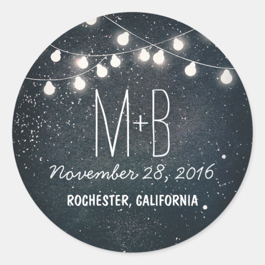 Sterrennacht en String Lights Bruiloft Ronde Sticker (Voorkant)