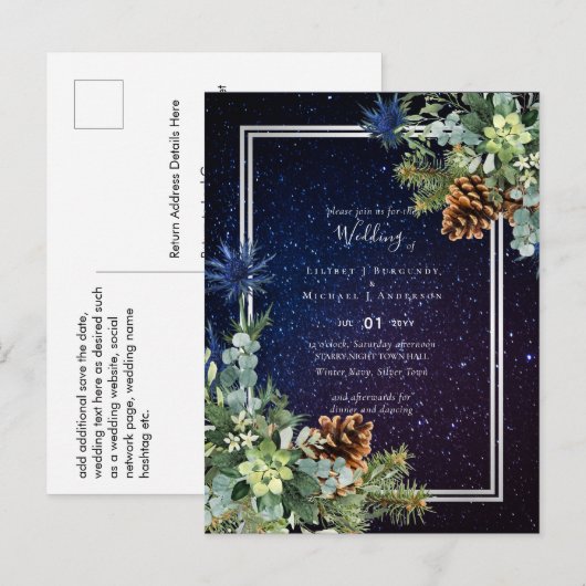 Sterrennacht Eucalyptus Blue Thistle WinterWedding Briefkaart (Voorkant / Achterkant)