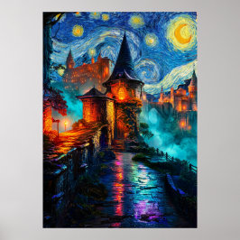 Sterrennacht Fantasie Kasteel Magisch Olie Schilde Poster