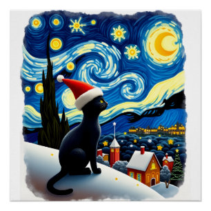 Sterrennacht Feestelijke Kerstmis Zwarte Kat Sinte Perfect Poster