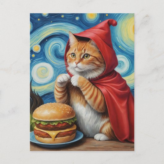 Sterrennacht Ginger Cat met Cheeseburger Briefkaart (Voorkant)