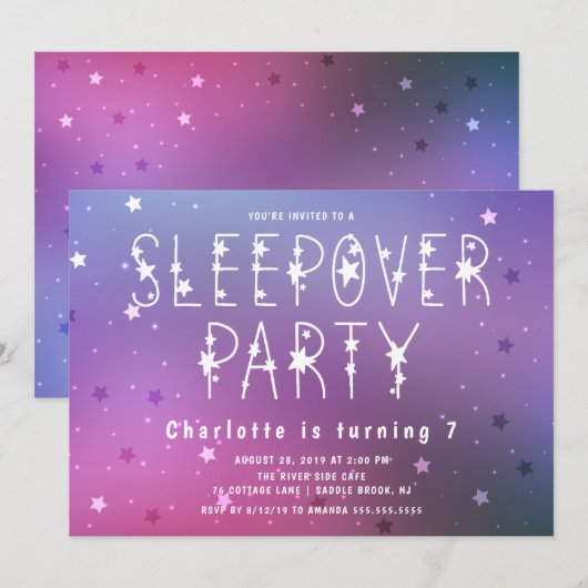 Sterrennacht Girls Sleepover Kaart (Voorkant / Achterkant)